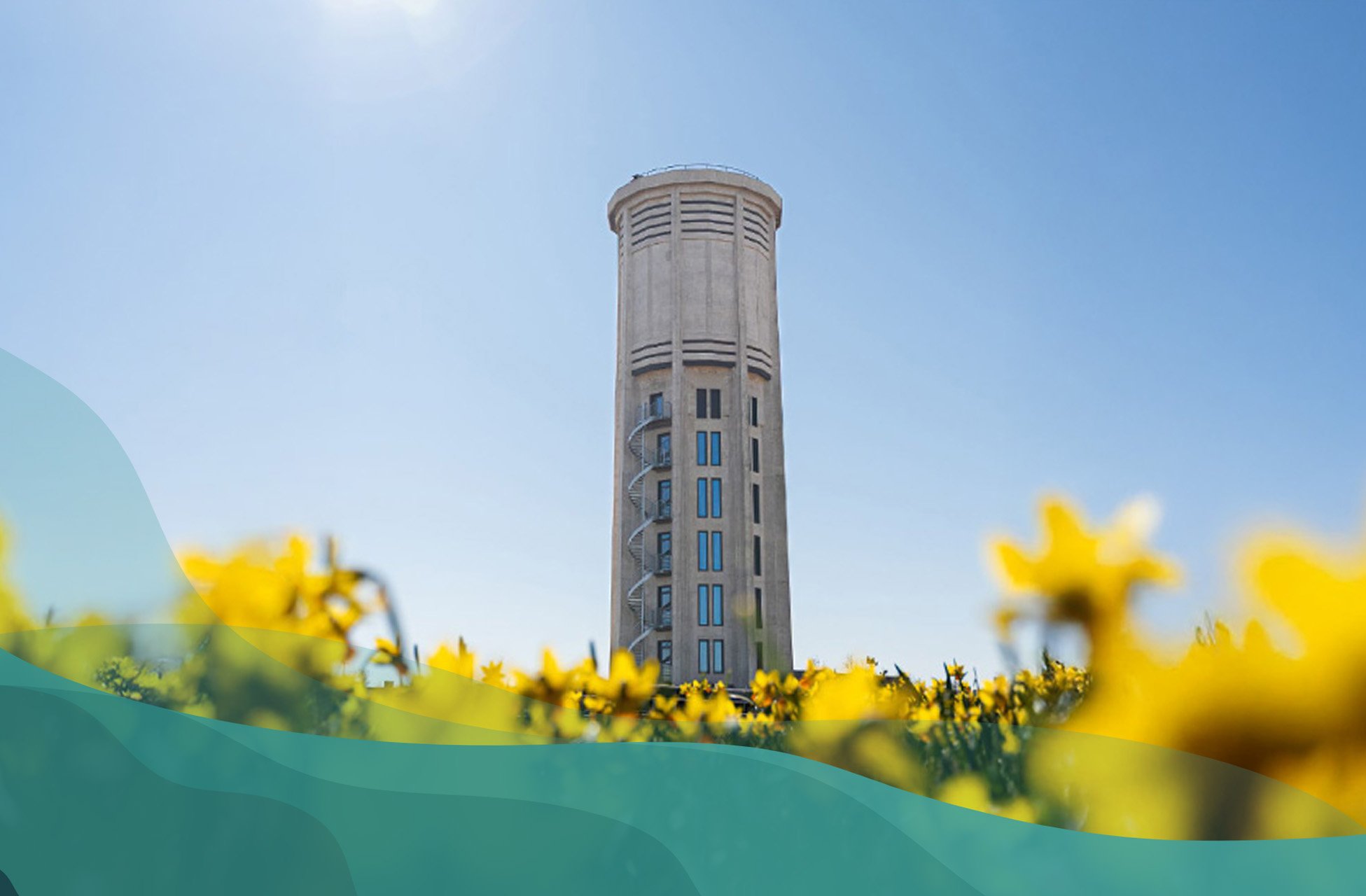 Watertoren achter gele bloemen.